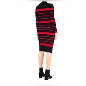Nina Leonard Black and Red Striped Long Sleeve Dress